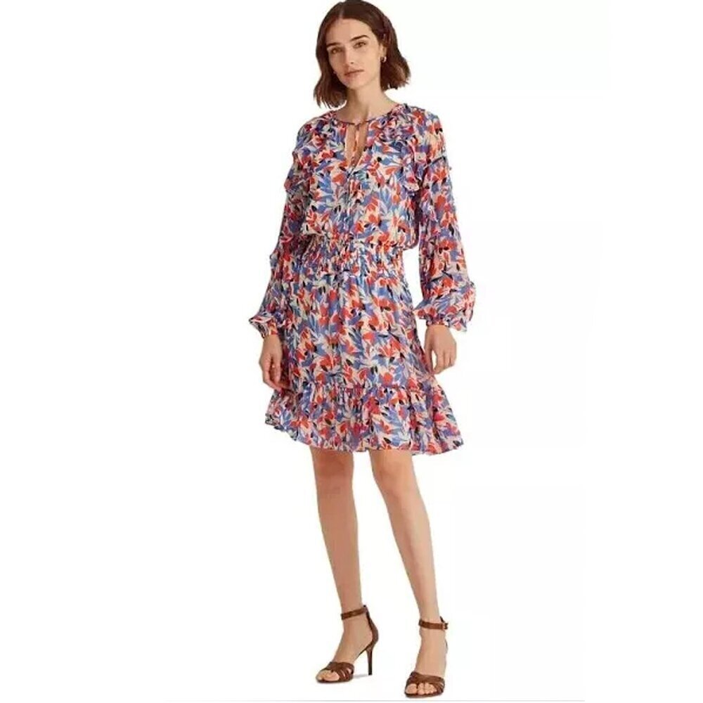 NEW Ralph Lauren Size 4 Dress Floral Print Crinkled Georgette Ruffle Long Sleeve